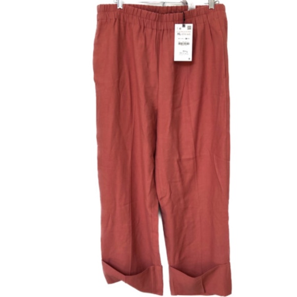 Zara Wide Leg Pants Cropped Cuffs Size XL Orange Brown Elastic Waist New NWT - Picture 1 of 9
